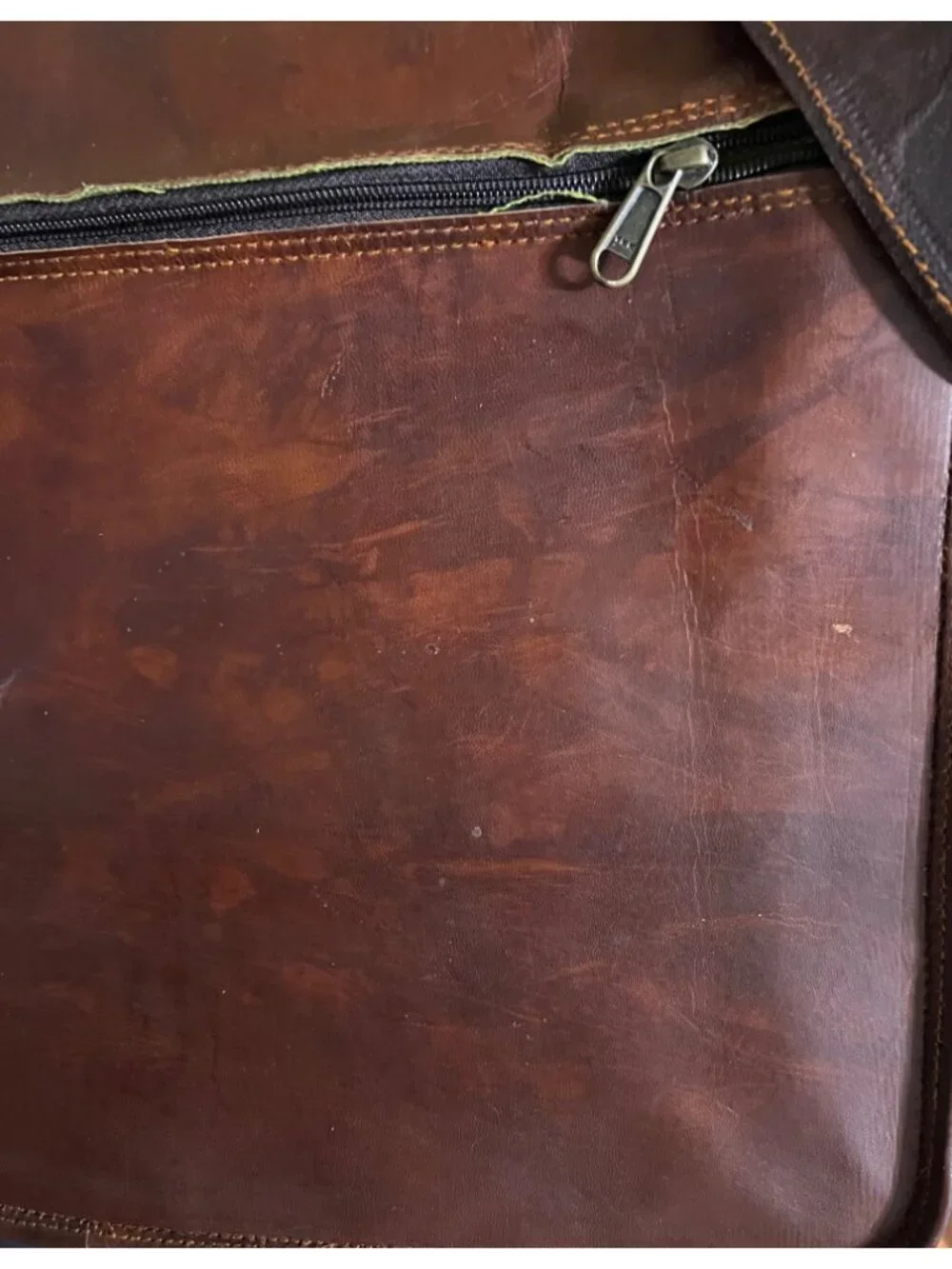 Brown Leather messenger padded laptop bag tote satchel NWOT green zipper NWOT